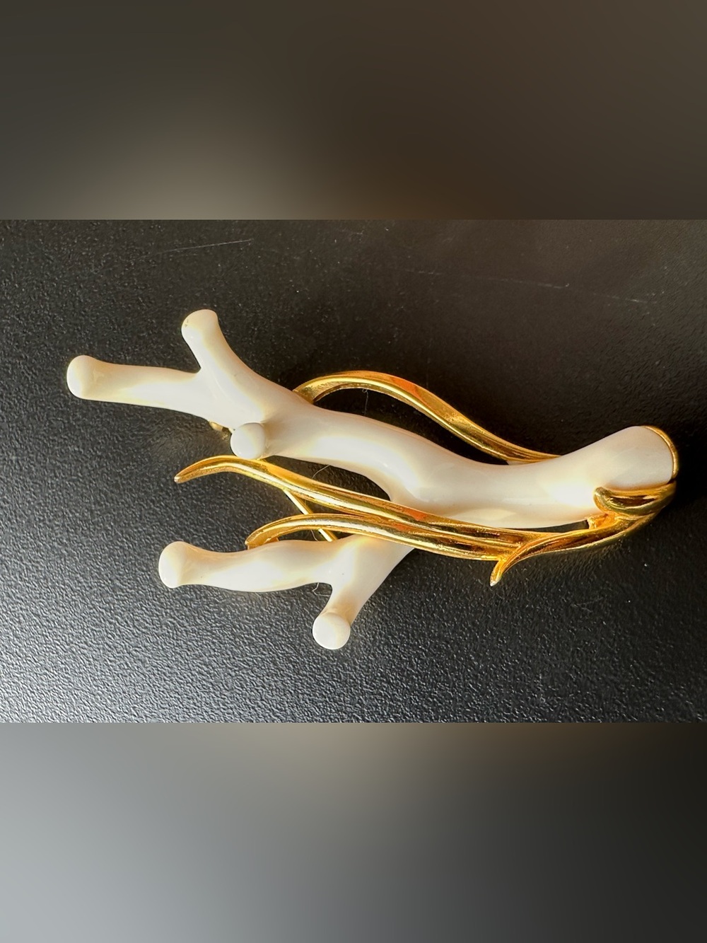 Vintage Monet Tree Branch White Plastic Polished Gold Tone Brooch